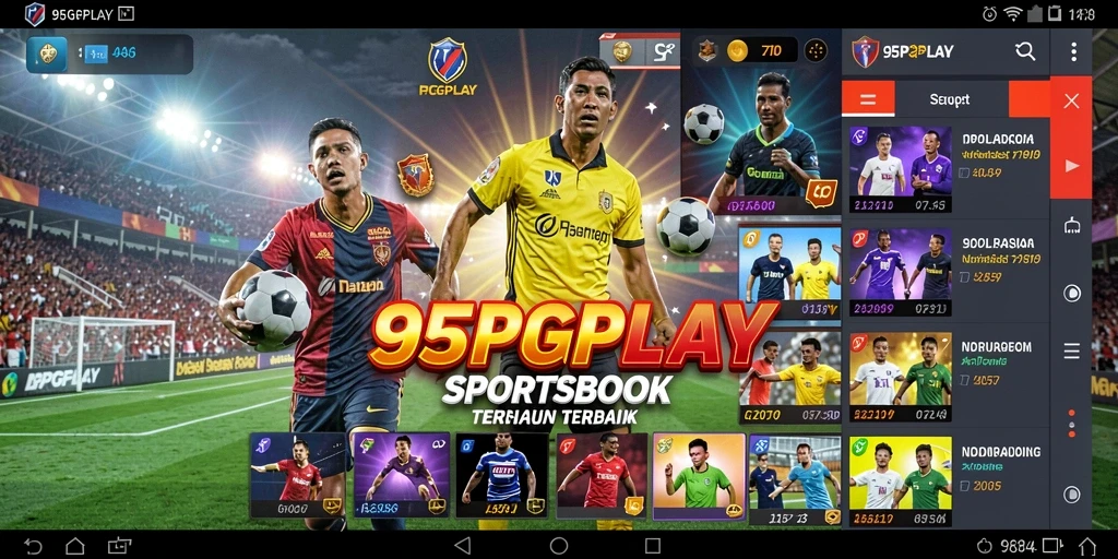 Screenshot utama 95PGPLAY menampilkan antarmuka aplikasi Sportsbook yang menarik.