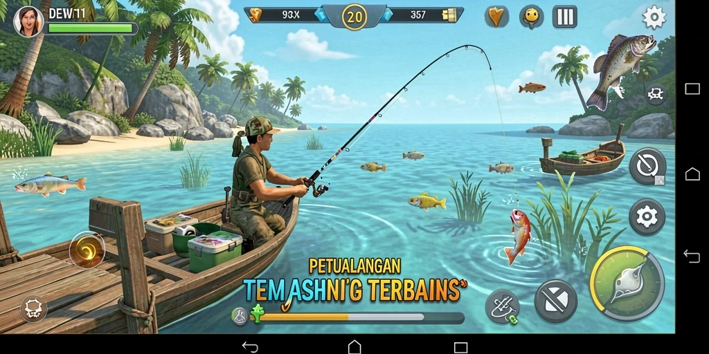 Screenshot DEWI11 menampilkan aksi seru dalam menangkap ikan.