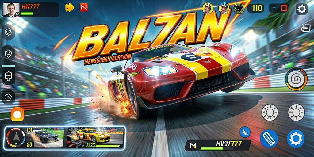 Screenshot HW777 menunjukkan aksi balapan yang mendebarkan.