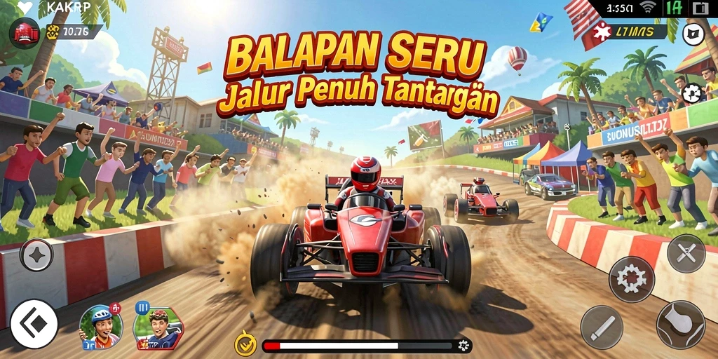 Gameplay KAKRP yang menegangkan di lintasan balap yang penuh tantangan.