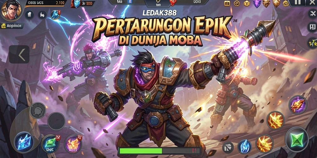 Screenshot gameplay <strong>LEDAK388</strong> yang menunjukkan aksi pertempuran seru di arena MOBA.
