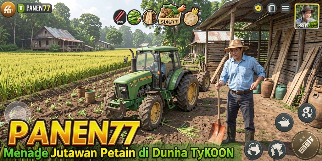 Screenshot gameplay PANEN77 menampilkan pertanian yang berkembang dengan berbagai tanaman dan hewan.