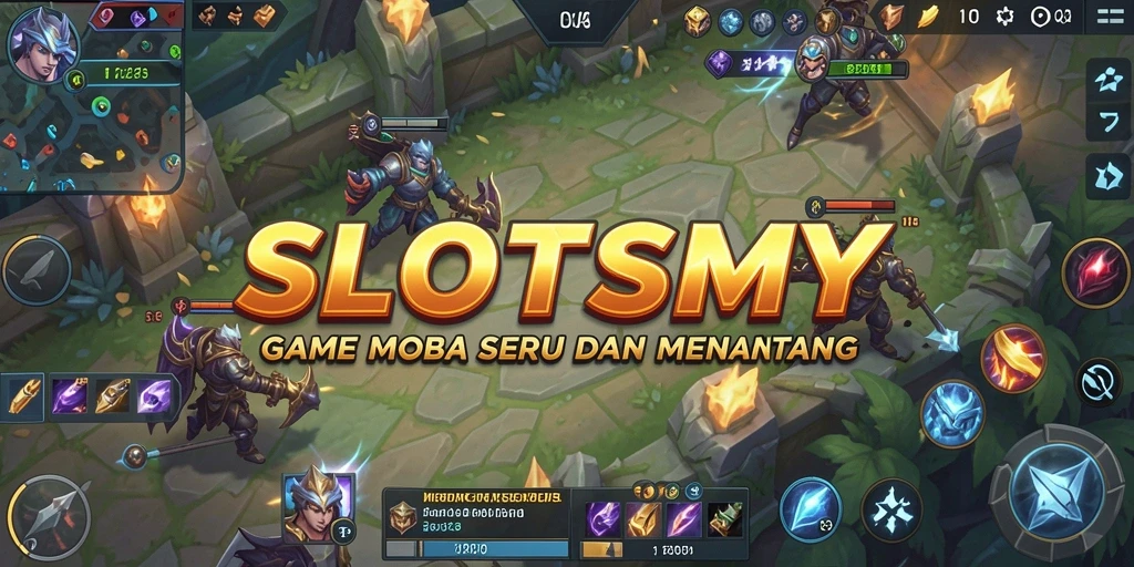 Tampilan gameplay SLOTSMY yang penuh aksi dalam pertarungan MOBA.